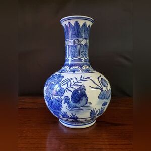 Blue and White Asian Gourd Vase 12" Tall